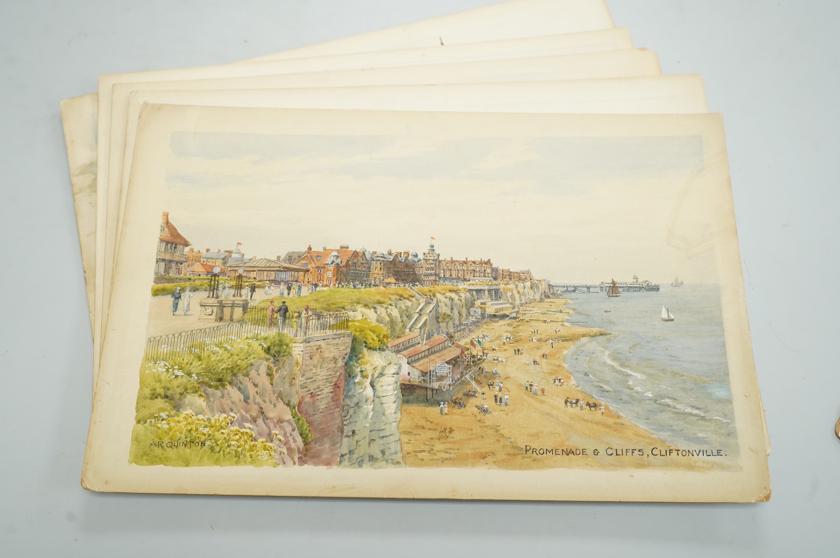 Alfred Robert Quinton (1853-1934), Set of six original watercolours for postcard designs, Kent coastal views to include: On the Cliffs, Birchington, Walmer Castle, Promenade and Cliffs, Cliftonville and The Harbour, Whit